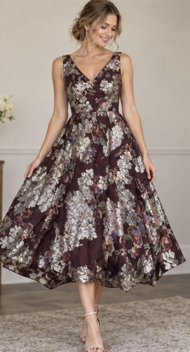 Lauren Ralph Lauren 6P Burgundy Metallic Floral Jacquard Cocktail Dress